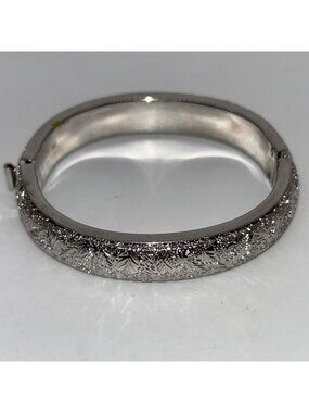 Vintage Monet  Bangle Bracelet  Silvertonel Hinged Textured Etched Stackable